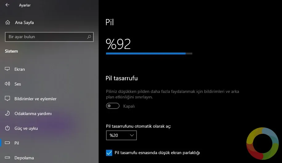 Windows Pil Tasarrufu Modu ekran görüntüsü, pil tasarrufu ayarlarını ve kullanım panelini gösteriyor