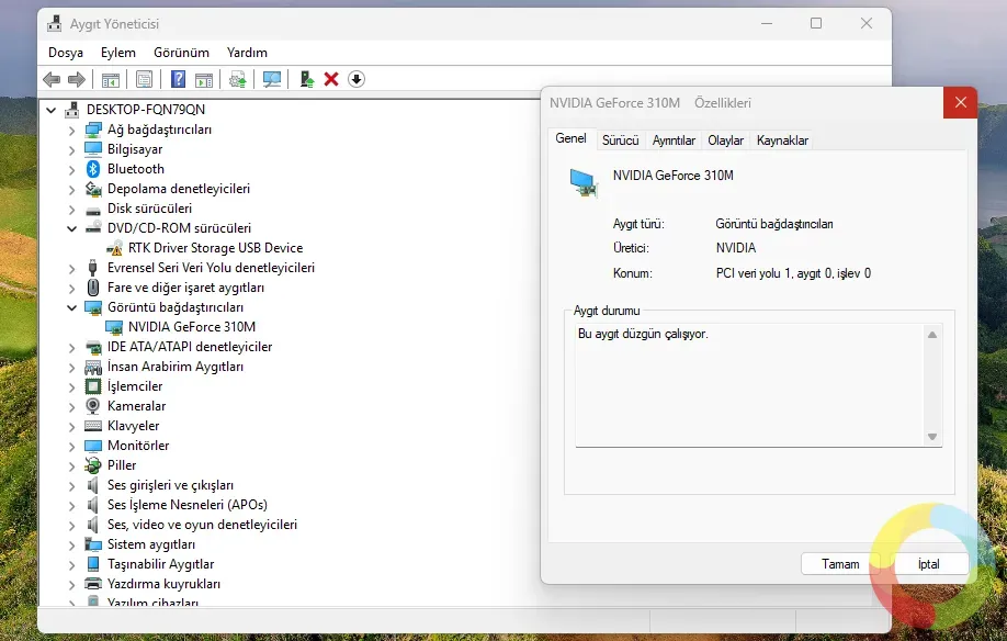 Windows Aygıt Yöneticisinde grafik kartı sürücüsü görüntü bağdaştırıcıları ekran görüntüsü