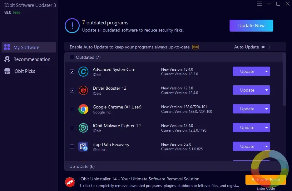 IObit Software Updater arayüzü – Bilgisayar programlarını tek tıkla güncelleyen güvenli yazılım yönetim aracı