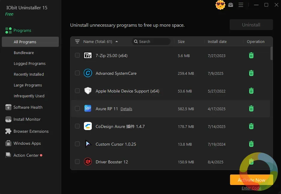 IObit Uninstaller program kaldırma ve tarayıcı eklenti yönetimi arayüzü ekran görüntüsü