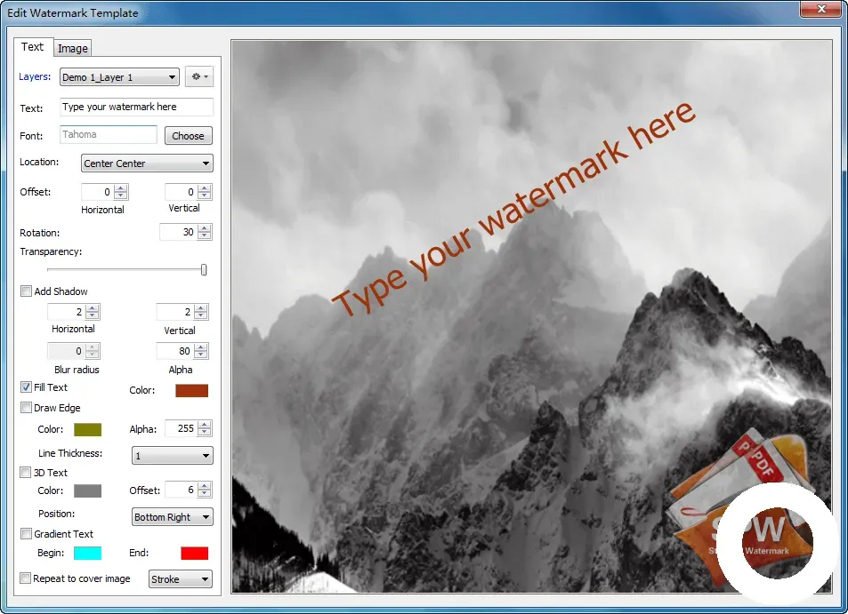 Star PDF Watermark for Windows ana ekran ve metin filigran ekleme önizleme
