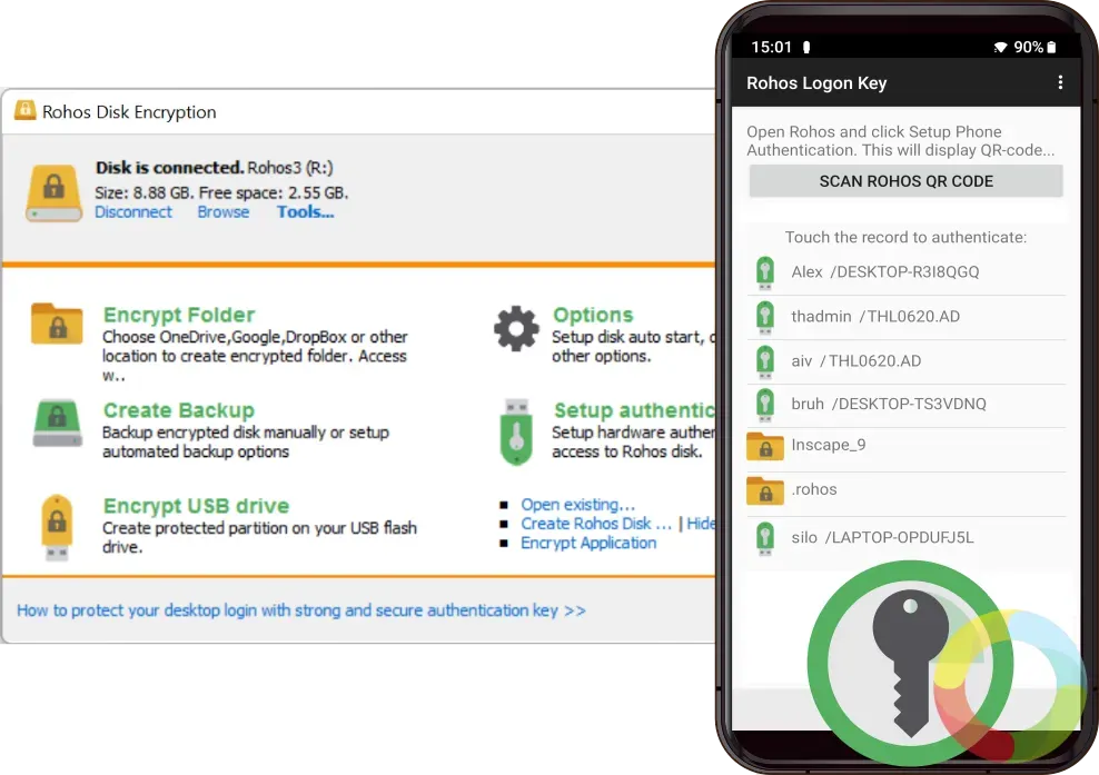 Rohos Disk Encryption programının kullanıcı arayüzü ve iki faktörlü kimlik doğrulama ekran görüntüsü